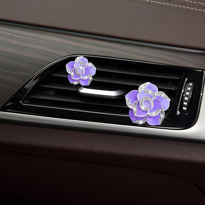 Osilly Bling Car Air Vent Clips, 4PCS/2Set Flower Rhinestone Vehicle Air Outlet Clamp, Sparkly Diamond Automotive Interior Vent Clip Charm Decor Accessories, Universal for SUV Truck RV (Purple)