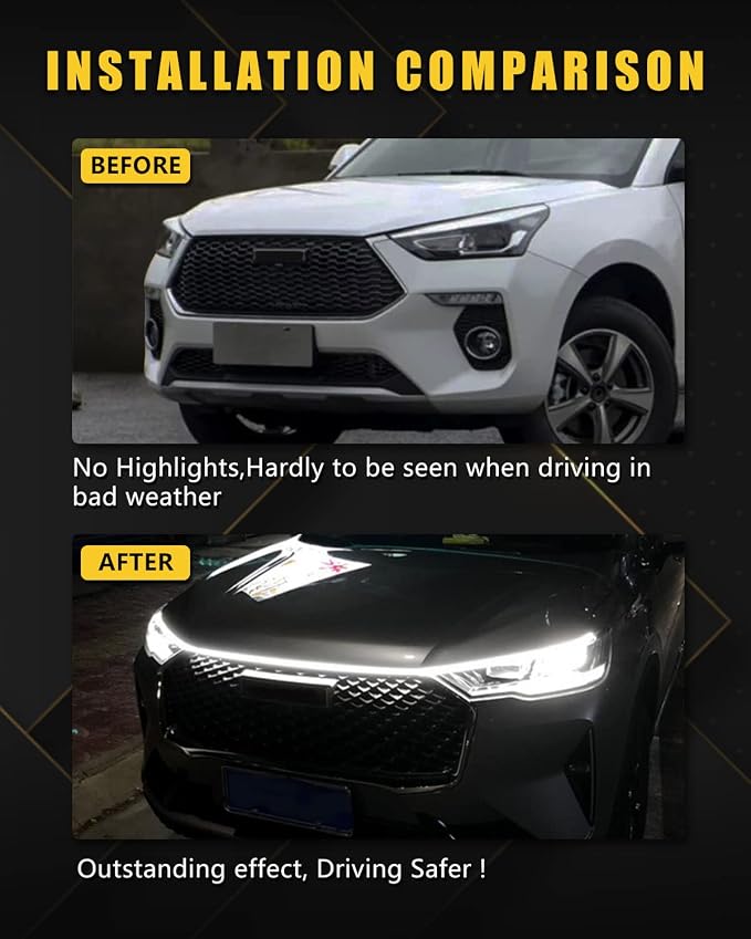 YM E-Bright Exterior Led Lights for Car Hood Light Strip Waterproof Dynamic Scan Start Up Hoodbeam Kit Led Scanner Daytime Running Lights for Cars, Truck, SUV, 12V White 79inch, 1 Set