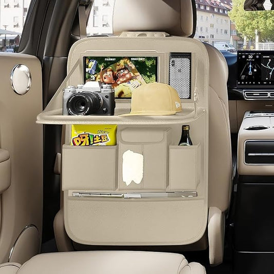 GMQ Back Seat Car Organizer 1 Pack,Backseat Organizer with Tray,Multifunctional Car Seat Back Storage Box with Foldable Tablet Holder (Beige, Plain weave)