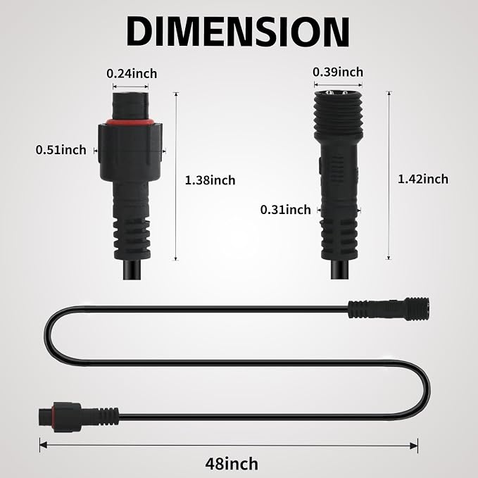 4 PCS 4FT 3 Pin RGB Rock Light Extension Wire, Design for Our Brand's Rock Lights, Other Brands Must Meet The Conditions of which Length of The Male Plug is 0.24 Inches and The Female is 0.39 Inches