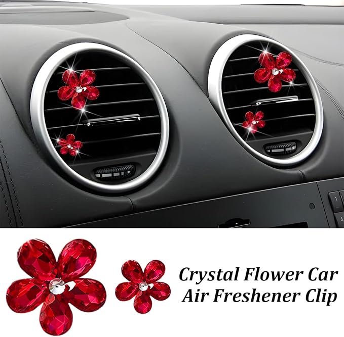5PCS Bling Flower Car Air Vent Clips, Crystal Rhinestone Vehicle Air Conditioning Outlet Clip, Diamond Automotive Interior Decoration Charm, Universal for Automobile RV Truck (Red)