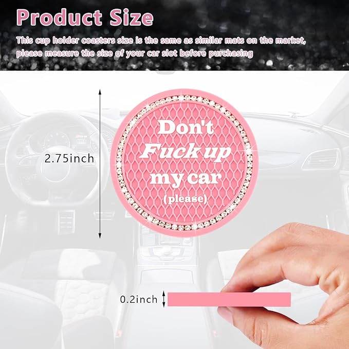 Ziciner 2 Pack Bling Car Cup Holder Coasters with Start Stop Button Cover, 2.75 inch Crystal Rhinestone Soft Rubber Auto Cup Insert Pad, Non-Slip Universal Vehicle Interior Accessories (Pink)