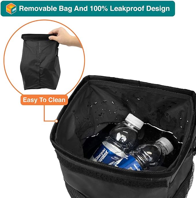 SUN CUBE Waterproof Car Trash Can with Lid, Mesh Pockets | Leakproof Car Garbage Can Hanging | Auto Trash Bin, Garbage Bag Organizer for Headrest, Console, Truck (Black)