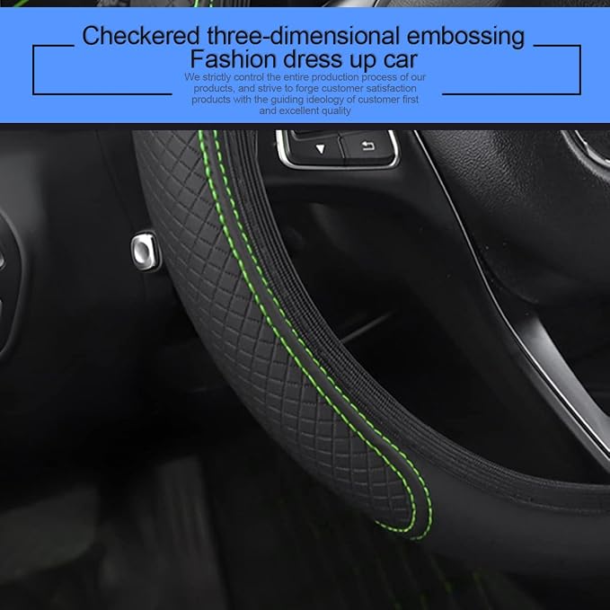 LoyaForba Leather Car Steering Wheel Cover, Elastic Breathable Anti-Slip Steering Wheel Protector, Car Interior Accessories for Men Women, Universal 15 Inch for Most Cars (Black/Green)
