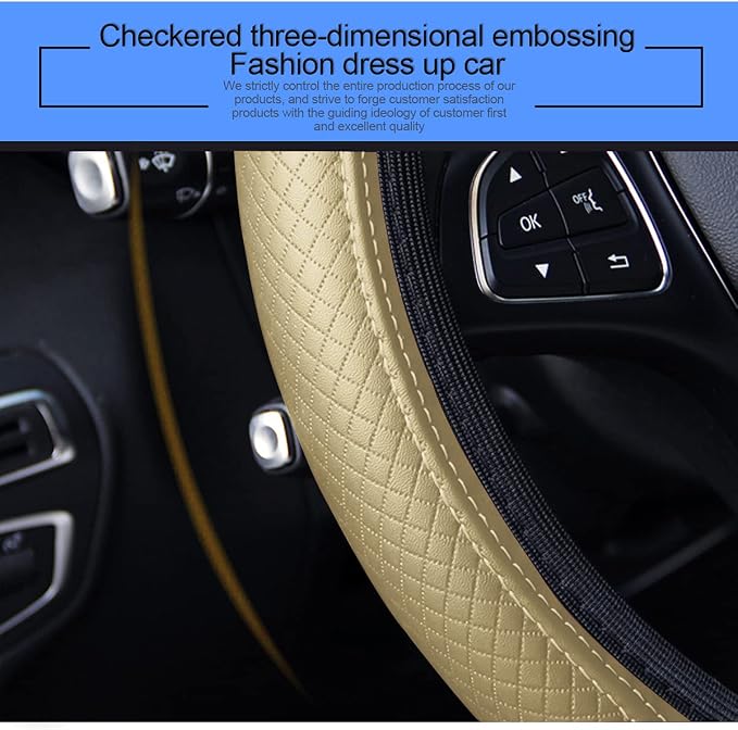 Leather Car Steering Wheel Cover, Elastic, Breathable Anti-Slip, Universal 15 inch, Steering Wheel Cover for Men Women (Beige)