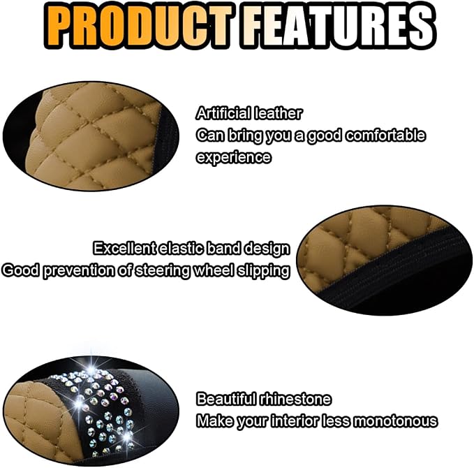 JOYCOURT 15 Inch Bling Soft Leather Car Steering Wheel Cover, Beige | Colorful Rhinestones Design, Auto Elastic Protector for Women Girls, Crystal Diamond Car Accessories for Most Cars, SUVs