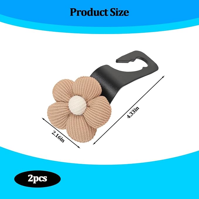2PCS Car Seat Headrest Hook, Cute Flower Vehicle Backseat Purse Handbag Storage Hanger, Floral Auto Seat Back Holder Hook for Coat Umbrella Grocery, Universal for Vehicles (Brown)