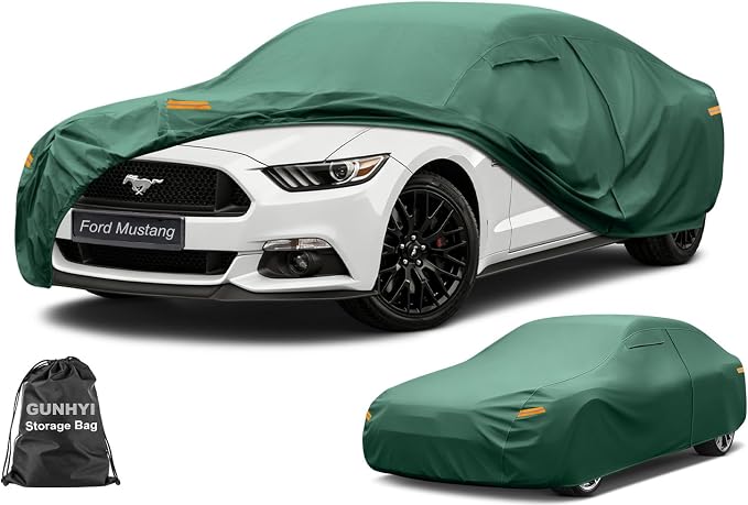 GUNHYI Coupe Car Cover Waterproof All Weather, 16-Layer Heavy Duty Full Exterior Cover with Vents, Driver Door Zipper & Towel, Summer Sun/UV/Rain Protection, Fit Ford Mustang, Chevrolet Camaro etc.