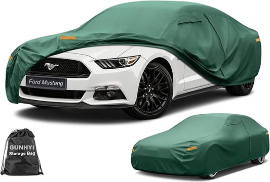 GUNHYI Coupe Car Cover Waterproof All Weather, 16-Layer Heavy Duty Full Exterior Cover with Vents, Driver Door Zipper & Towel, Summer Sun/UV/Rain Protection, Fit Ford Mustang, Chevrolet Camaro etc.