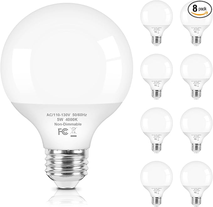 Brightever G25 Globe Light Bulbs 60 Watt, 4000K Natural Daylight LED Vanity Light Bulbs, E26 Base Bathroom Light Bulbs Over Mirror, 5W Round Light Bulb, CRI90+, 600LM, 8-Pack, Non-Dimmable