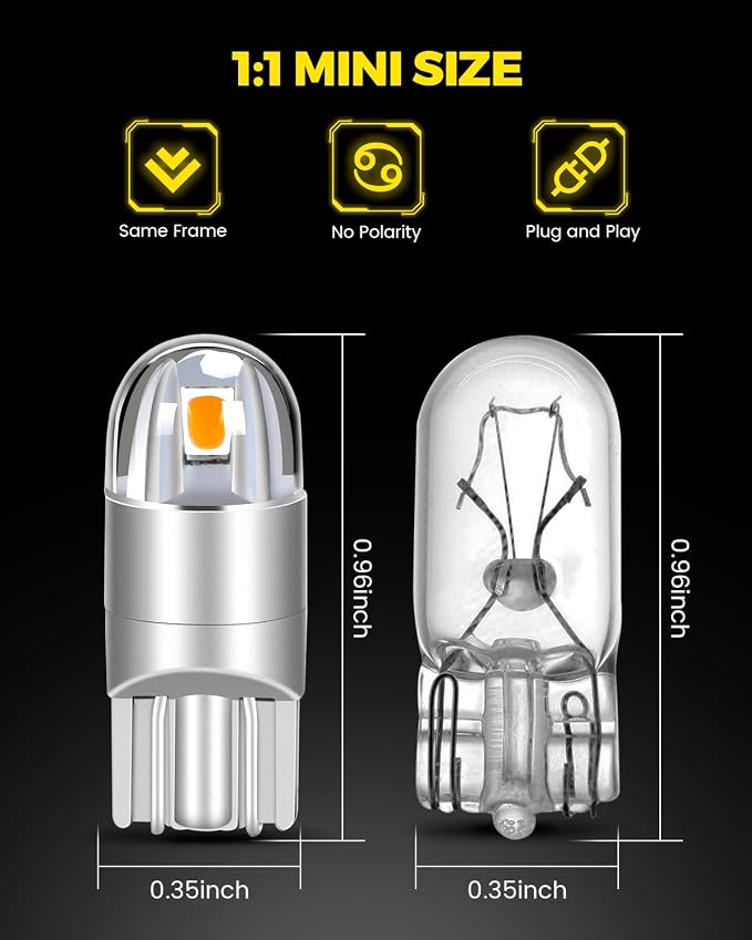 BANGO 194 LED Bulb, Super Bright 168 T10 2825 W5W LED Replacement Bulbs for Car Interior Dome Map Door Courtesy Trunk Side Marker License Plate Lights, Amber Yellow (Pack of 10)