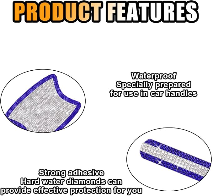 JOYCOURT 10PCS Bling Car Door Handle Anti-Scratch Sticker, Blue&White | Universal Car Door Handle Cup Protective Cover, Adhesive Door Bowl Sticker, Shiny Rhinestone Auto Decor Accessories for Women