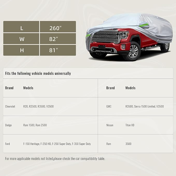 TUCAREST 6-Layers Heavy Outdoor Pickup Full Car Cover Hard Shell Zipper Design Waterproof All Weather Weatherproof UV Sun Protection Snow Dust Storm Resistant with Straps (Fit for UP to 230"-260")