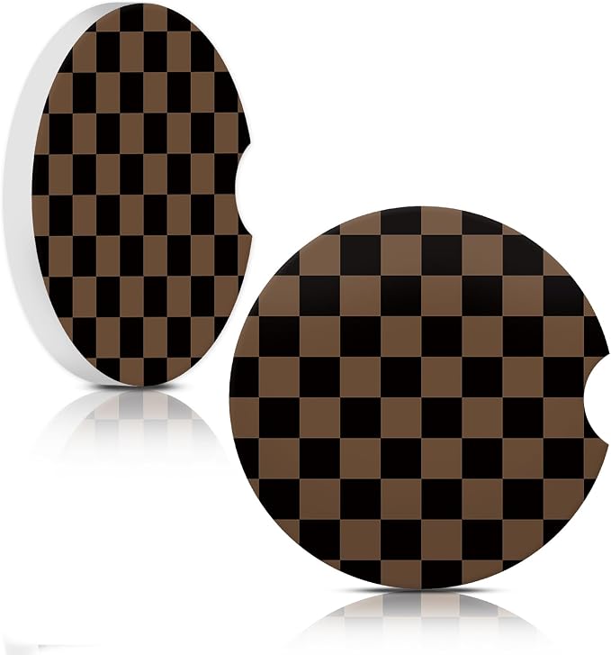 Khaki Checkered Car Coasters for Cup Holder Absorbent Ceramic Cup Coaster 2 Pack Anti Slip Car Interior Accessories with Finger Notch Cork Base for Women Men 2.56"