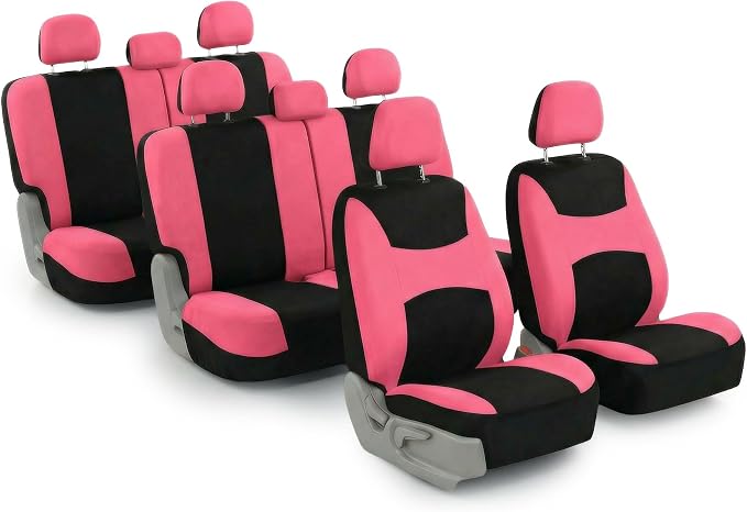 FH Group Universal Automotive Seat Covers 8 Seater Set | Light & Breezy Flat Cloth Washable Car Seat Cover for SUV, Sedan, Truck | Airbag Compatible Interior Upgrade - Pink/Black