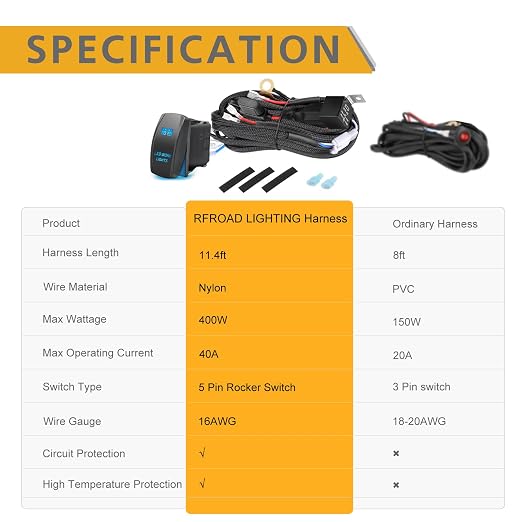 Wiring Harness 2 Lead, Rfroad Lighting 12V Fog Lights Wiring Harness Kit for LED Light Bar Work Lights Driving Lights 40A Relay Fuse On/Off Rocker Switch Nylon Wire Harness for Truck UTV ATV Boat