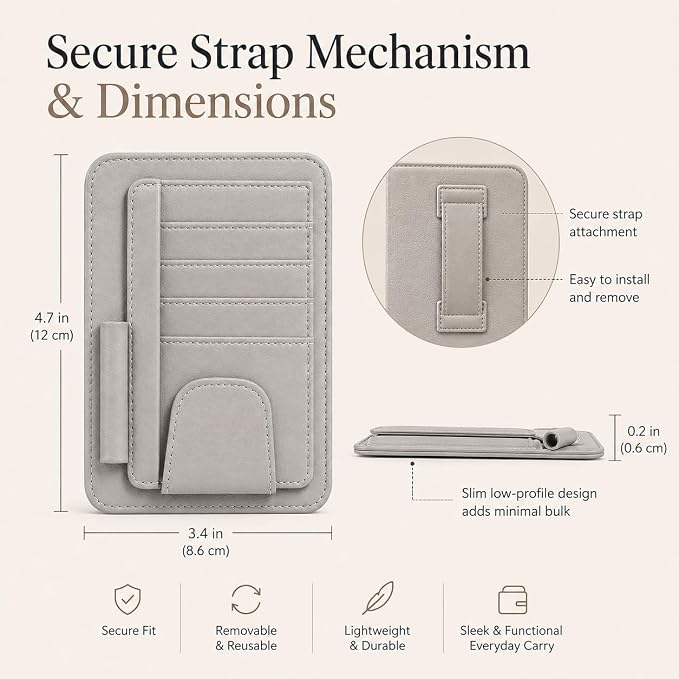 Car Sun Visor Organizer, Grey Premium Vegan Faux Leather Visor Storage Pouch for Cards, Cash, Receipts, Parking Permits and Glasses, Universal Fit for Cars, SUVs, Trucks, RVs and Golf Carts