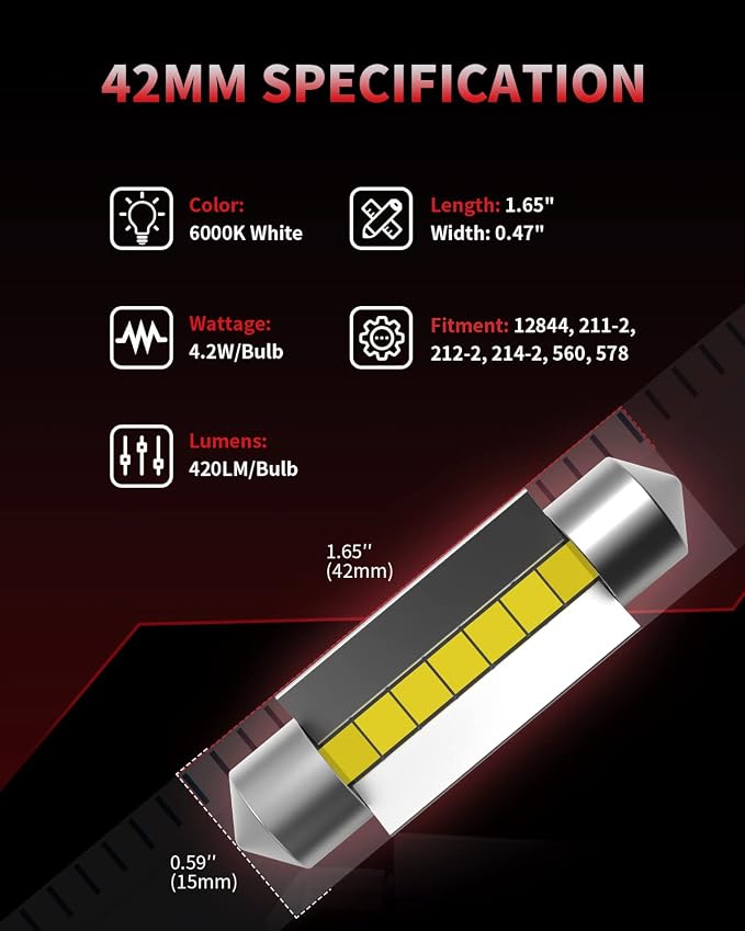 LASFIT Super Bright 578 LED Bulb 42mm Festoon 211-2 212-2 214-2 560 12844 Canbus Error Free 1.65 inch Upgraded for Dome Map Door Interior Door Trunk Glove Box Vanity Mirror Lights Xenon White (4pcs)