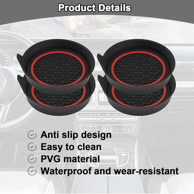 HZEL Car Cup Holder Coasters, 2PCS Non Slip Waterproof Vehicle Water Bottle Pads, Recessed Automotive Drink Mat Decoration Accessories, Universal Fit (Red/Black)