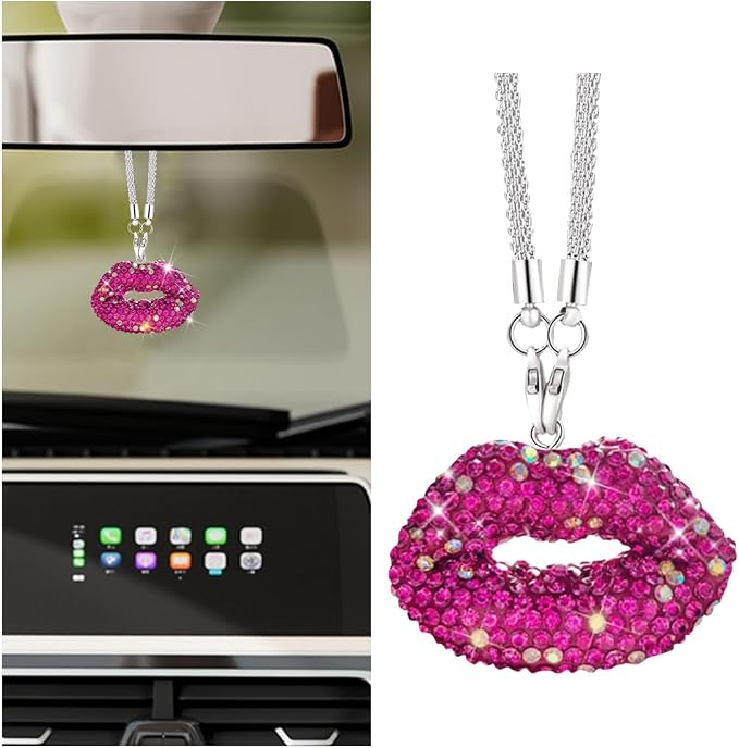 Bittwee Bling Lip Diamond Car Hanging, Crystal Rinestones Auto Rear View Mirror Charms Ornament, Lucky Vehicle Interior Pendant Decoration Accessories, Universal for SUV Sedan Truck(Rose Red)