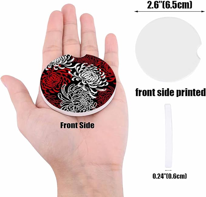 Small Car Coasters for Cup Holders 2.65" Absorbent 6 Pack Car Coaster Ceramic Stone for Drinks Absorb Water Drops Abstract Floral Red Black and White Dahlia