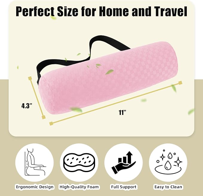 Coeyese Lumbar Roll Pillow for Lower Back Support, Light Pink, 11 * 4.3'' | Removable Pillowcase, Upgraded Adjustable Strap, Suitable for Office, Chair, Car, Seat Pain Relief & Improving Posture