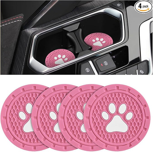 Osilly Car Cup Holder Coaster, 4 Pack PVC Paw Print Anti Slip Insert Coasters, 2.75 Inch Universal Cute Dog Paw Auto Drink Mat, Car Interior Accessories Decor for SUV, Truck, RV and More (Pink)
