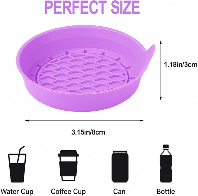 4 Pack Car Cup Holder Coaster, 3.15 Inch Non-Slip Silicone, Purple | Cup holder insert, spill proof ,raised lip, honeycomb base, rinse clean, fits most sedans suvs trucks, automotive accessories