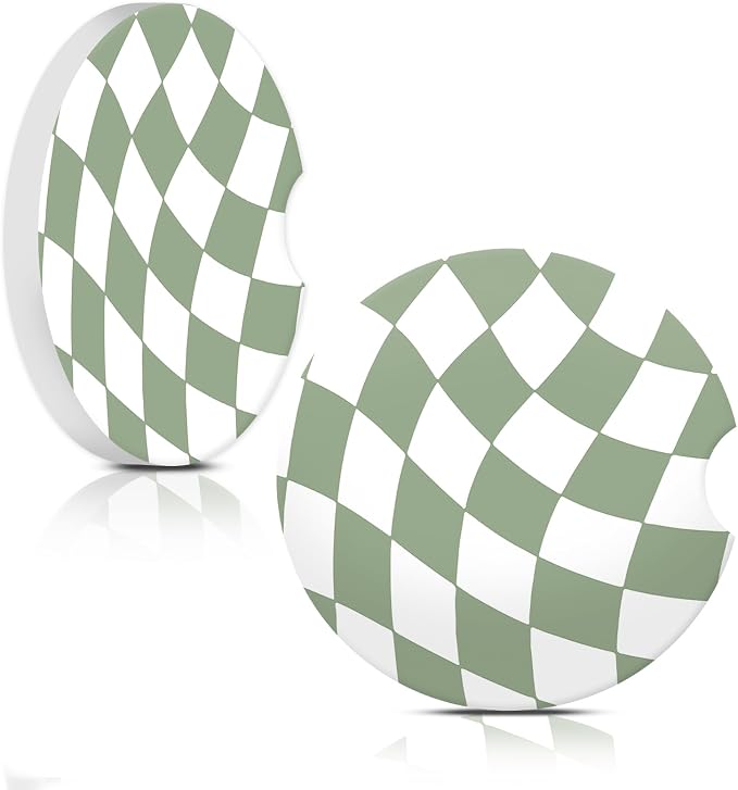 Wave Sage Green Checkerd Car Coasters for Cup Holder Absorbent Ceramic Cup Coaster 2 Pack Anti Slip Car Interior Accessories with Finger Notch Cork Base for Women Men 2.56"
