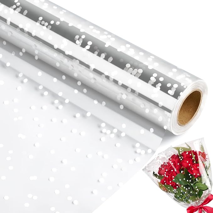 100 ftx34 in Extra Wide Clear Cellophane Wrap Roll | 2.5 Mil Thick Transparent Plastic with White Snow Dots | Bouquet, Baskets, Gifts, Crafts, Treats, Wrapping | Food Grade (34" Fold into 17")