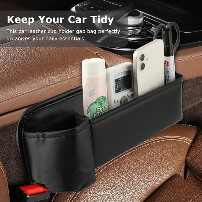 2-Pack Car Seat Gap Filler Organizer, Leather Storage Box with Cup Holder for Driver & Passenger Side, Gap Bag Front Seat Car Storage Accessories for Phone Keys Sunglasses Wallet(COLOR:Black)