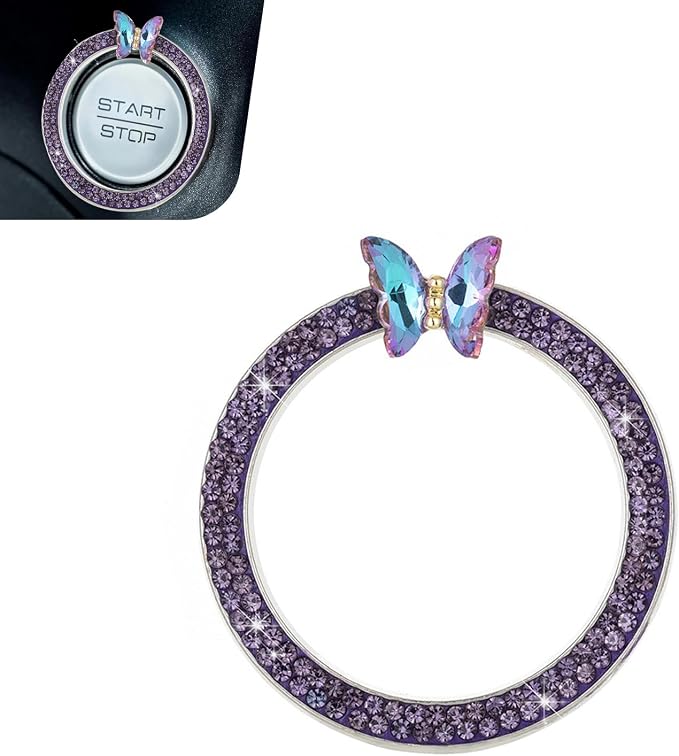 Bling Car Engine Start Stop Decoration Ring, Crystal Rhinestone Butterfly for Car Button Ring, Auto Interior Accessories for Women, Push to Start Button Cover Decoration (Purple)