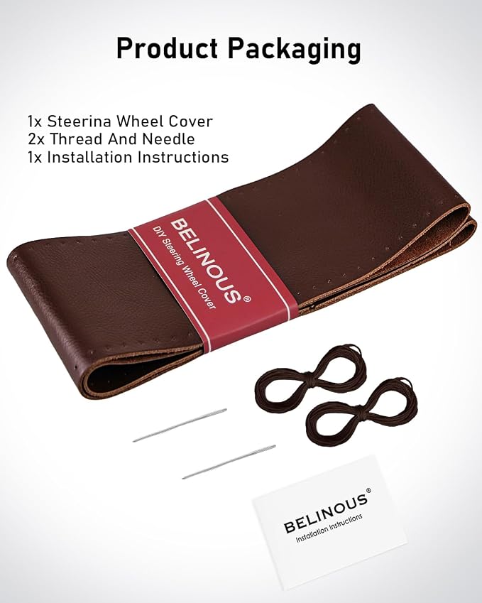 BELINOUS Leather Steering Wheel Cover Lace Up, Stitch on Steering Wheel Wrap, Universal Fit 13-20 Inch Car Truck Pickup Boat, A Whole Piece of Cowhide, DIY w/Needle Thread (Size L5, Coffee)