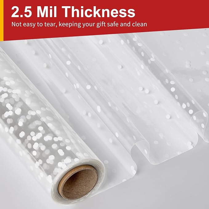 Mauproy 34 In x 100 Ft Clear Cellophane Wrap Roll with White Dots | 34" Fold into 17", Extra Wide, 2.5 Mil Thick Transparent Wrapping Paper for Baskets, Flower Bouquets