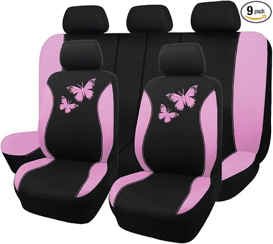 Flying Banner Butterfly car seat Covers ful Set Fashion Universal Lady Woman Female Rear Bench Split Colorized (Pink Black, Full Set)