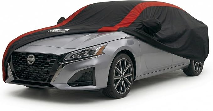Altima Car Cover Waterproof All Weather with Red Strip Design, Custom Fit for Nissan Altima 2002–2025, Altima Accessory with Door Zipper & Windproof Straps