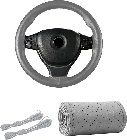 Kewucn Genuine Leather Steering Wheel Cover, 15" Universal Car Steering Wheel Protector with Needle Thread, Breathable Anti-Slip Steering Wheel Cover DIY Stitch on Wrap (Gray, Full Hole)