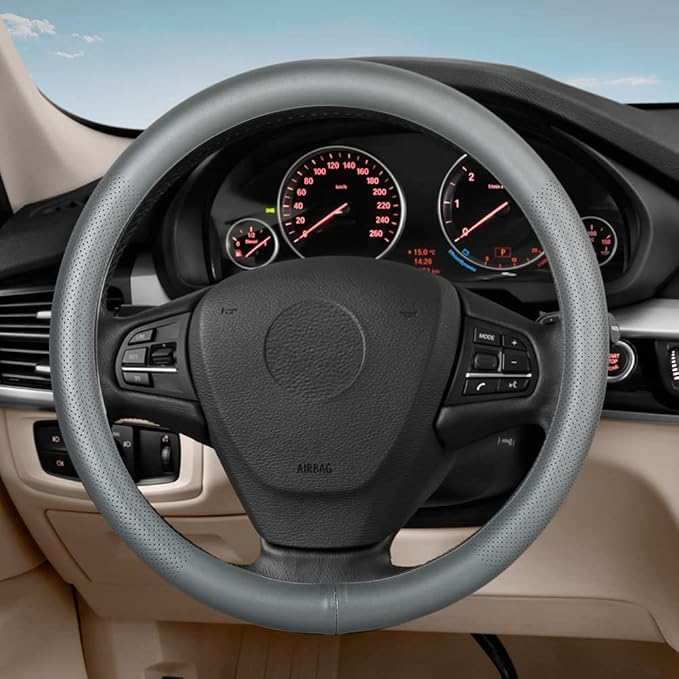 Car Steering Wheel Cover,Universal 15 Inch Premium Leather Car Steering Wheel Cover,Best Grip,Perforated Design,Breathable,Non-Slip,Sweat-Absorbent,Warm in Winter and Cool in Summer (Gray)