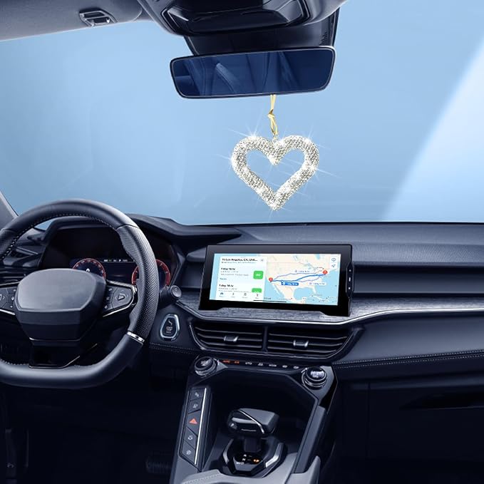 Mandark Bling Heart Car Hanging Accessories, Crystal Rhinestone Vehicle Rear View Mirror Charm Pendant Ornaments, Cute Diamond Auto Interior Hanger Decoration for Women Girls（Silver）