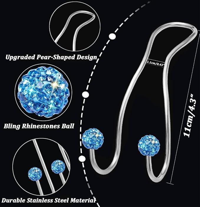 Bling Purse Hook for Car Headrest, Upgraded Cute Car Seat Hooks for Bag Handbag, Durable Stainless Auto Purse Hanger Holder 2 Pack, Light Blue