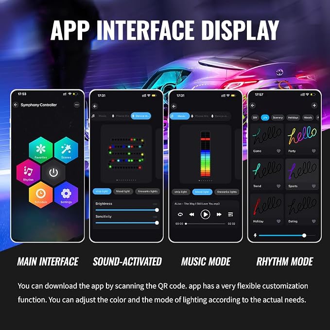 Acrylic Ambient Lighting Car Interior, 6 in 1 Dream Color Acrylic Led Strips Fiber Optic Lights with APP USB Hub, 16 Million Colors 187 Inches Flexible Neon Music Sync Emotion Glow Light for Car Dash