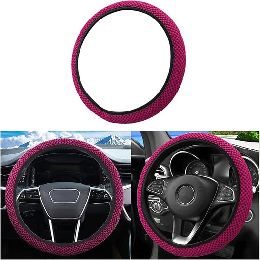 Car Elastic Stretch Steering Wheel Cover, 14.5-15" Breathable Ice Silk Anti-Slip Vehicle Steering Wheel Protector, Comfy Auto Interior Protection Accessories, Universal Fit (Rose Red)