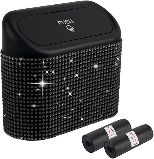 Car Trash Can with Lid & Rhinestones Design,Push-on Car Trash Bin for Storing Trashes Items & Cars Decor Includes 30PCS Trashes Bag,Shiny Cars Garbage Can with Back Clip for Side Door (Black Diamond)