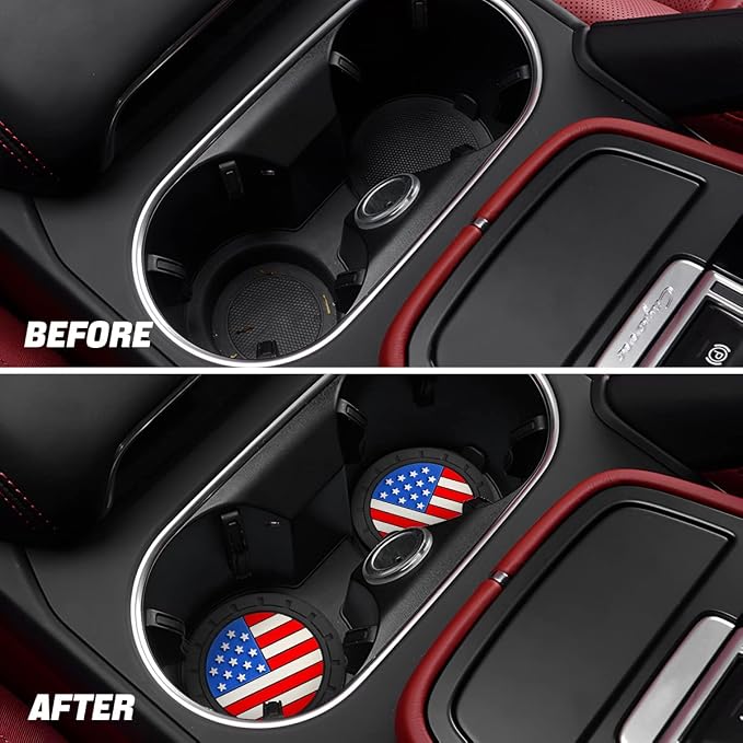 AUCELI 2 Pack Car Cup Holder Coasters, Colored American Flag US Flag Insert Car Cup Coaster, 2.75 Inch Anti Slip Shockproof Embedded Drink Mat, Vehicle Interior Decor Accessories