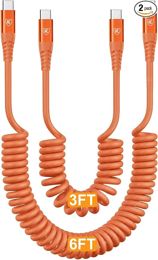 USB C to C Cable [3FT+6FT], Coiled USB C Fast Charging Cable for CarPlay | 2Pack iPhone USB-C Cable/Android Auto USB C Cord USB Type-C Cable for iPhone 17/16/15/Pro Max/Galaxy S26 S25 and More-Orange