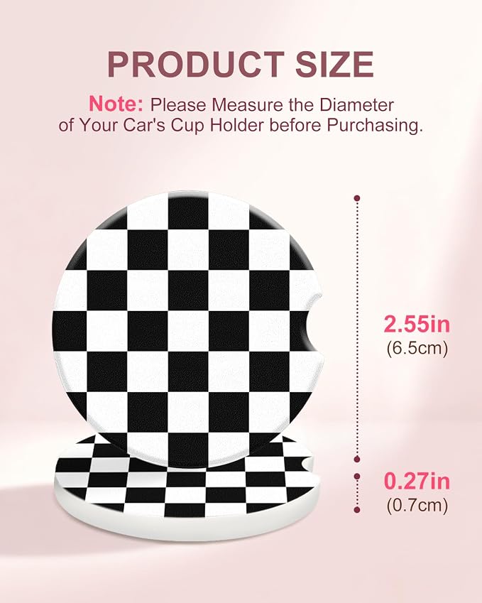 Swooflia Car Coasters for Women - Black and White Checkered Ceramic Car Cupholder Coaster Absorbent Mat Coaster with Cork Base 2 Pack 2.55 inch Automotive Cup Holder Accessories New Driver Gifts