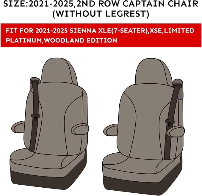 coverdream Leather Seat Covers for Toyota Sienna 2021–2026 XSE/XLE/Limited/Platinum/Woodland,7-Passenger,2nd Row w/No Leg Rest,Custom Fit Full Set Waterproof Seat Protector,Black
