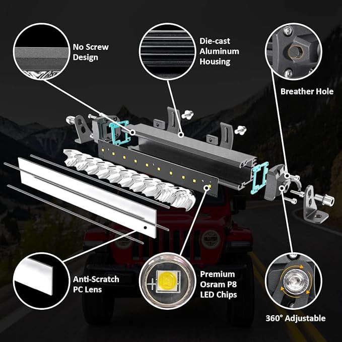 LASFIT 12 inch LED Light Bar, Screwless IP67 Waterproof Light Bar, Off Road Spot Flood Combo Work Light for Wrangler/F-150/Ranger/Explorer/4Runner