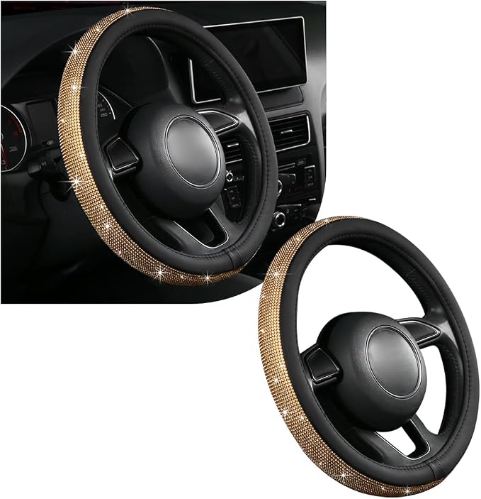 povtii Bling Car Steering Wheel Cover, Sparkling Crystal Rhinestone Auto Wheel Protector, Anti Slip Cover Fit 15 Inch Steering Wheel for Women Girls, Universal Car Accessories (Golden)
