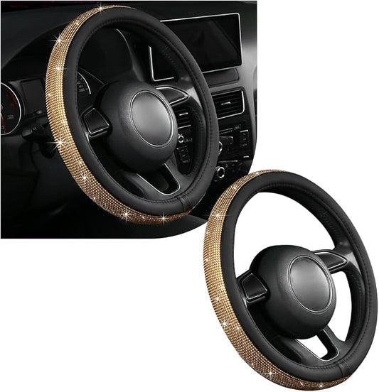 povtii Bling Car Steering Wheel Cover, Sparkling Crystal Rhinestone Auto Wheel Protector, Anti Slip Cover Fit 15 Inch Steering Wheel for Women Girls, Universal Car Accessories (Golden)